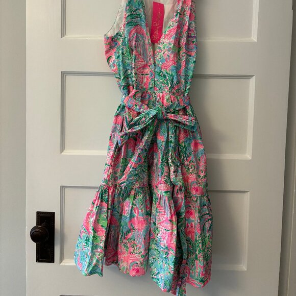 NWT Lilly Pulitzer Trisha Stretch Shirtdress, Bali Blue (Pink and Green), Size 8 - Picture 2 of 6